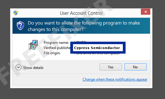Screenshot where Cypress Semiconductor appears as the verified publisher in the UAC dialog